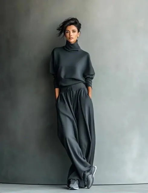 Women's Charcoal Knit Fabric Turtleneck Oversized Top & Wide-Leg Pants Set MDA2435L7T
