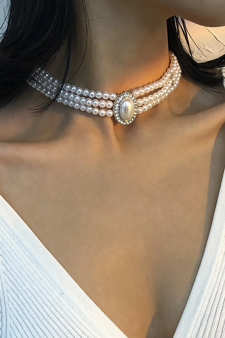 Elegant Layered Pearl Rhinestone Alloy Necklace