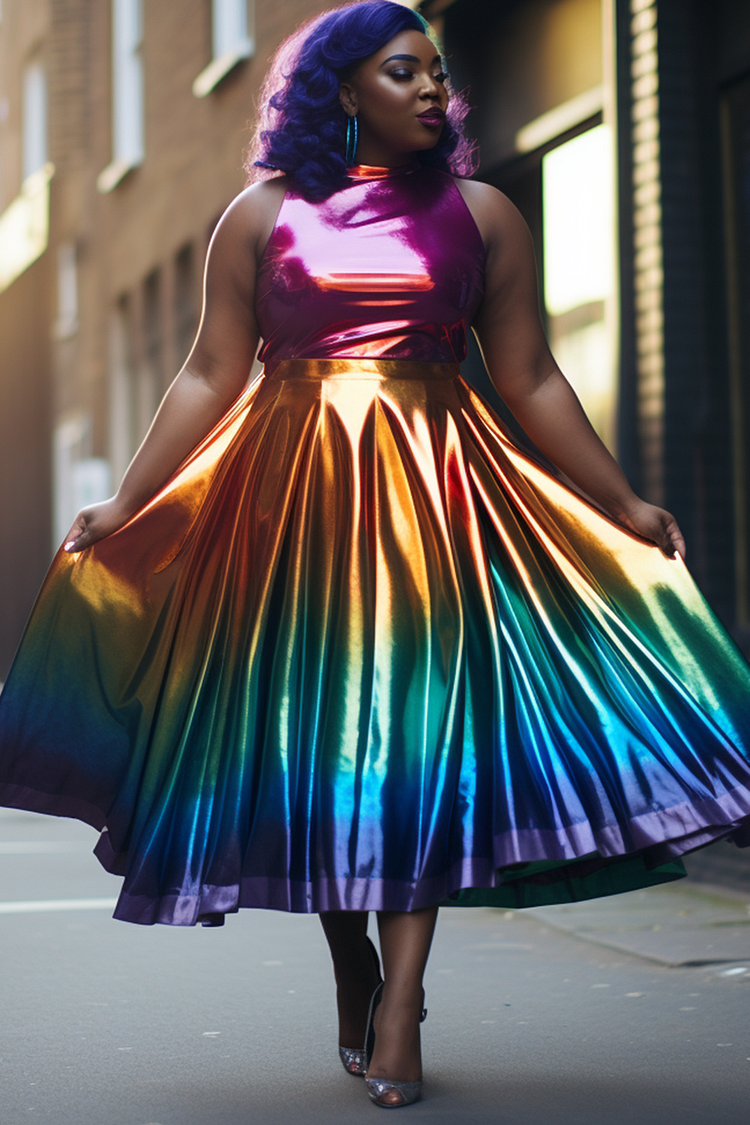 Xpluswear Design Plus Size Party Multicolor Gradient Mock Neck Pleated Metallic Two Pieces Skirt Set