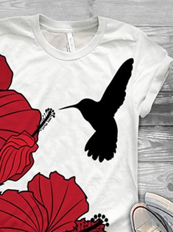 Bestdealfriday Casual Short Sleeved T-Shirt With Flower And Bird Print 9343044