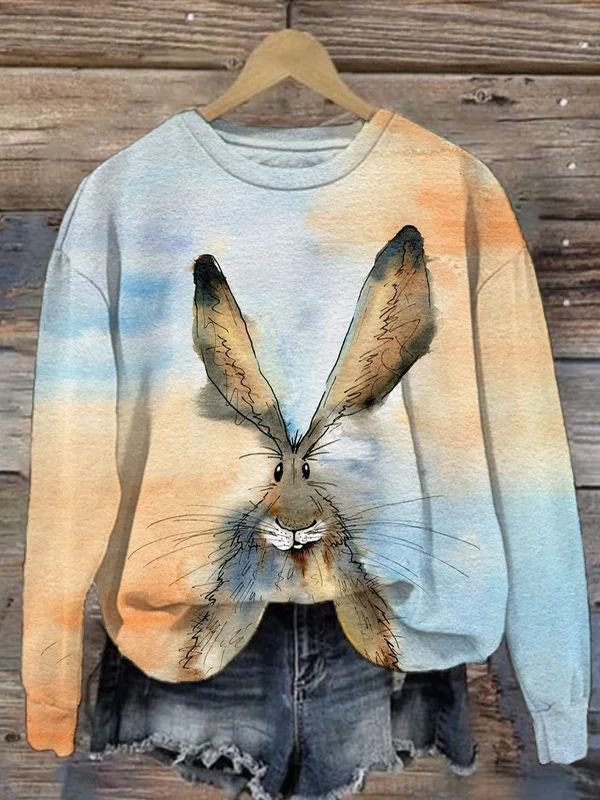 Comstylish Forest Rabbit Watercolor Linen Blend Sweatshirt