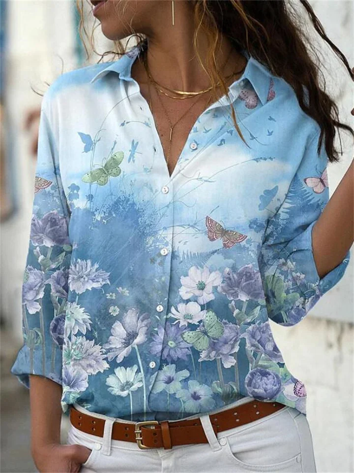 Spring and Summer Women's Shirts New Printing Long-sleeved Lapel Shirt Plus Size Shirt-JRSEE