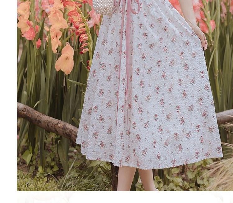 Puff-Sleeve Floral Print Lace-Up Midi A-Line Dress YP4301