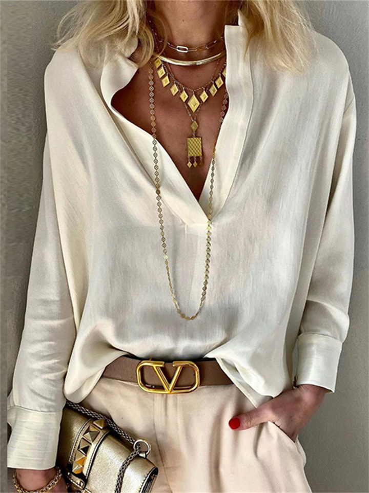 Women's Spring and Fall New Temperament and Elegant Solid Color Stand-up Collar Long-sleeved Bohemian Cotton Loose Type Shirt