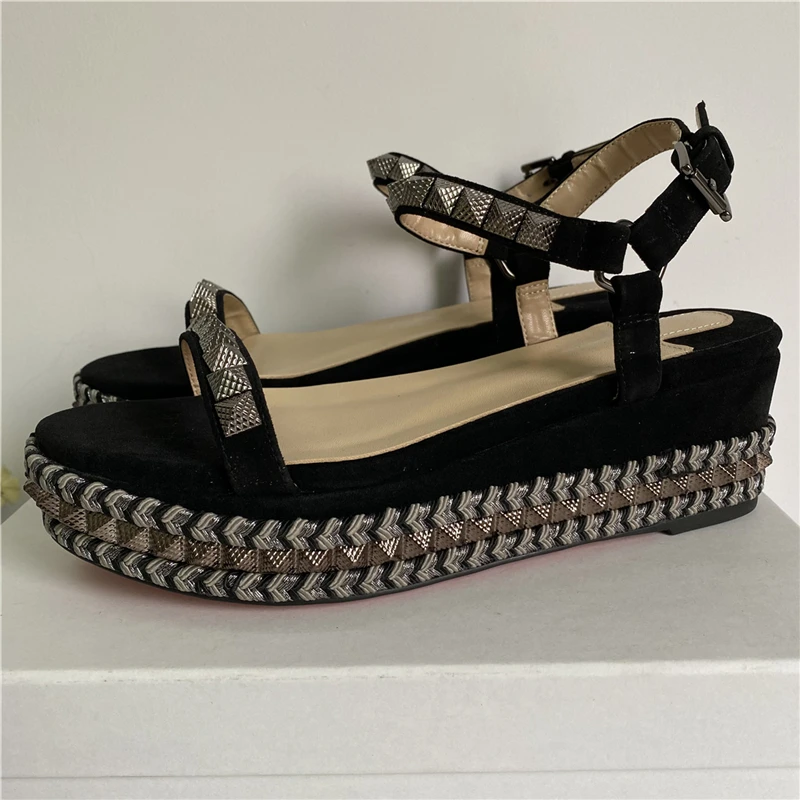 TAAFO Rivet Decor Ankle Strap Modern Sandals Women Multicolor High Platform Wedges Shoes