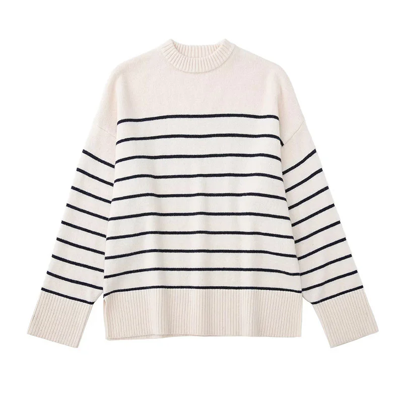 O Neck Stripe Knitted Pullover Female Fashion Loose Long Sleeve Sweaters 2022 Autumn Women CasualThicken Warmer Jumpers