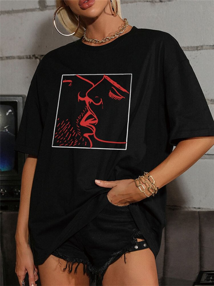 Portrait Print O neck Short Sleeve Loose Casual T Shirt For Women P1826429