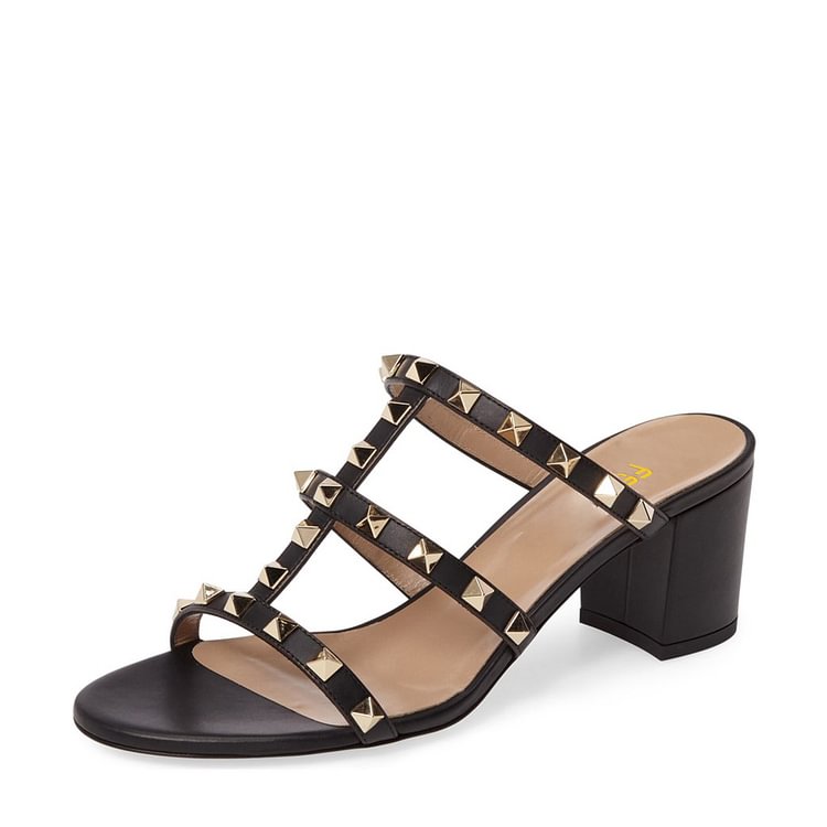FSJ Black Studs Shoes Open Toe Block Heels Mules |FSJ Shoes