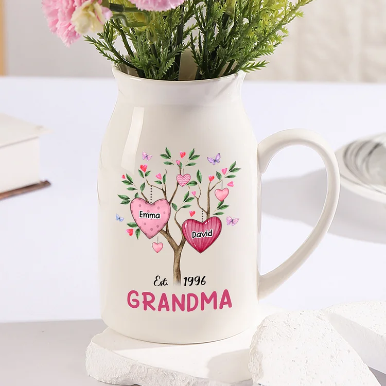 Pink Family Tree Vase Personalized Ceramic Flower Vase Custom 2 Names Gift Grandma