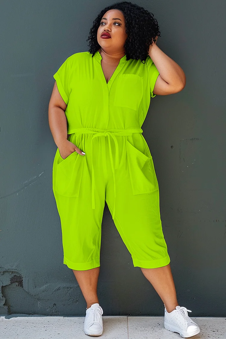 Xpluswear Design Plus Size Green V Neck Short Sleeve Wrap Pocket Jumpsuit [Pre-Order]