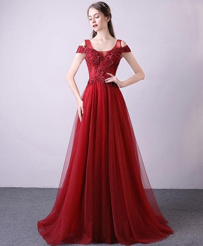 Burgundy Tulle Lace Long Prom Dress, Burgundy Evening Dress