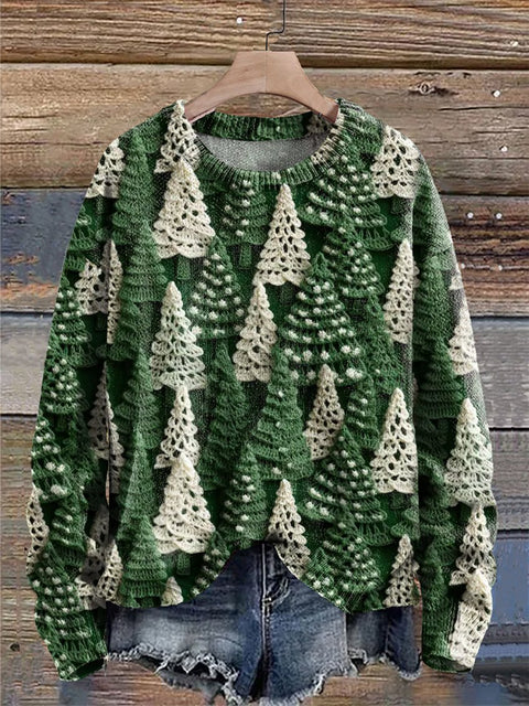 Women's Christmas Tree Green White Print Knit Pullover Sweater