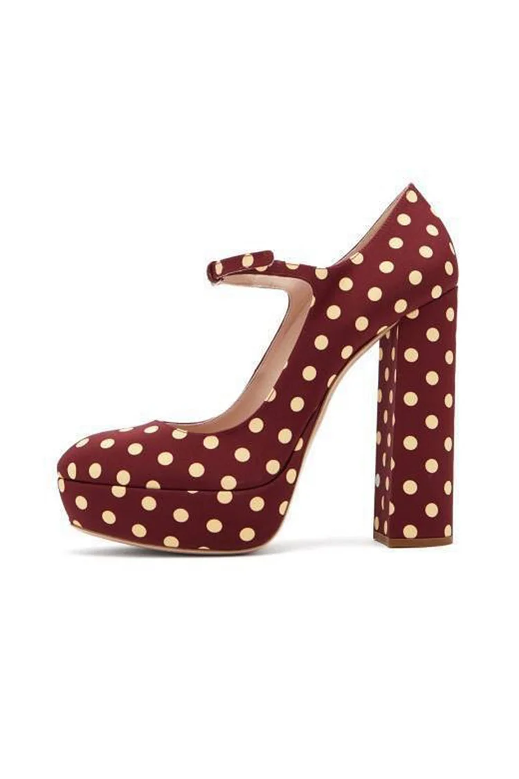1950s Red Daily Polka Dot Waterproof Platform Buckle High-heeled Pumps