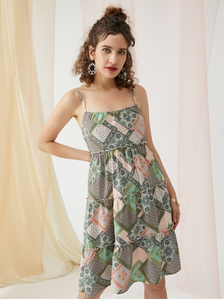 Tribal Pattern Tiered Adjustable Strap Lettuce Edge Midi Dress