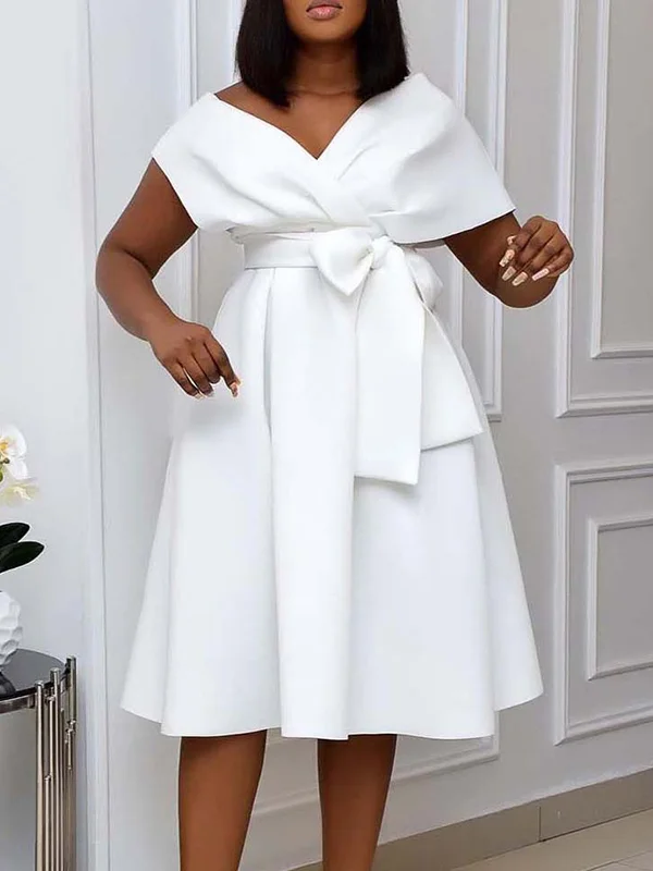 Pleated Solid Color Tied Waist High Waisted Plus Size V-Neck Midi Dresses