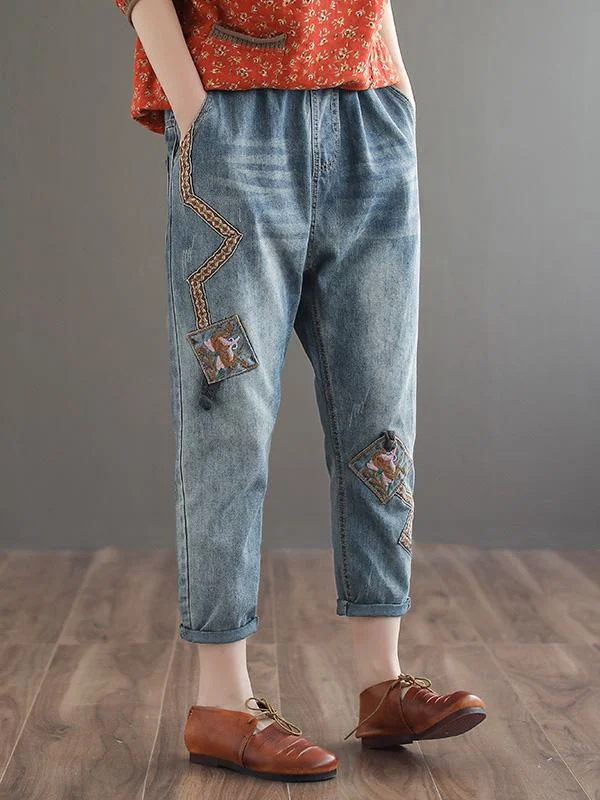 Vintage Ethnic Style Embroidered Eighth Jean Pants