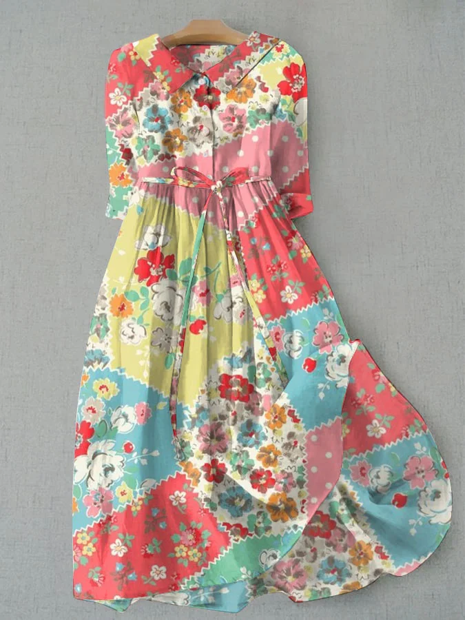 Bohemian Resort Floral Art Print Tie Loose Dress