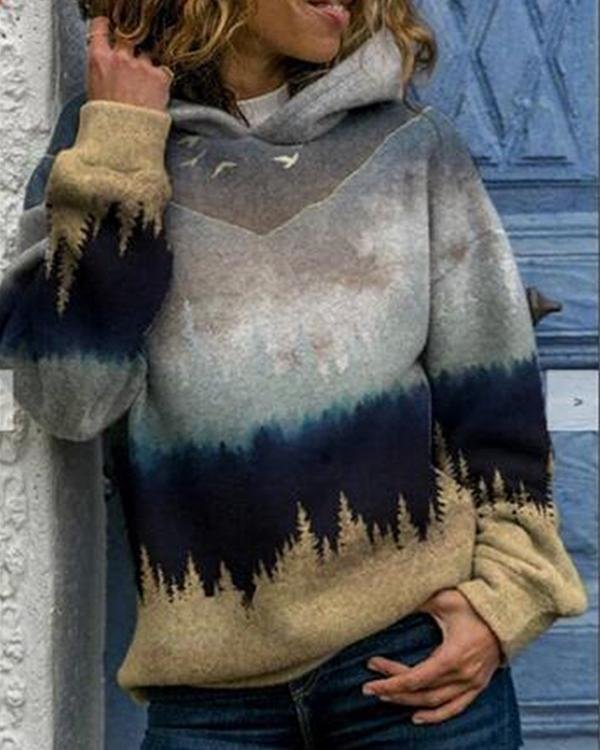 Landscape Print Hooded Long Sleeve Casual Hoodie For Women