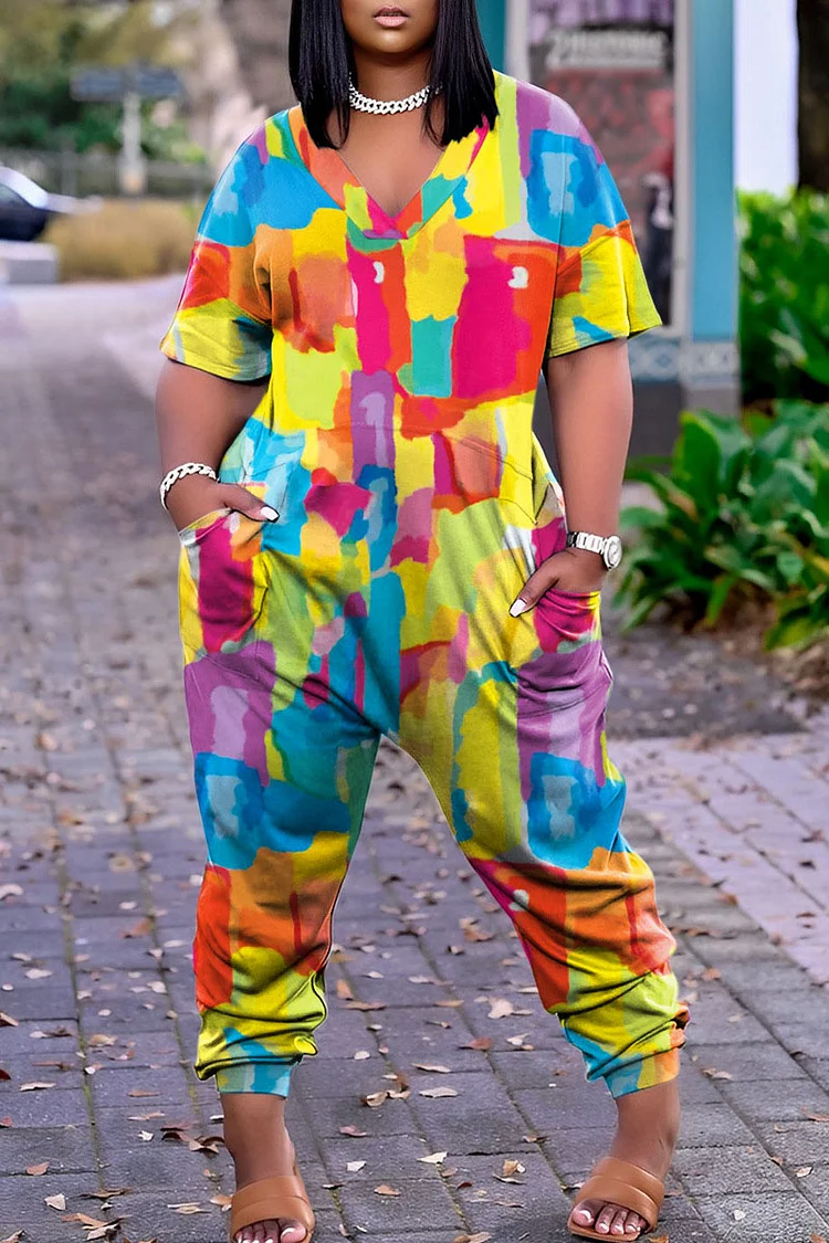 Yellow Street Print Patchwork V Neck Harlan Jumpsuits