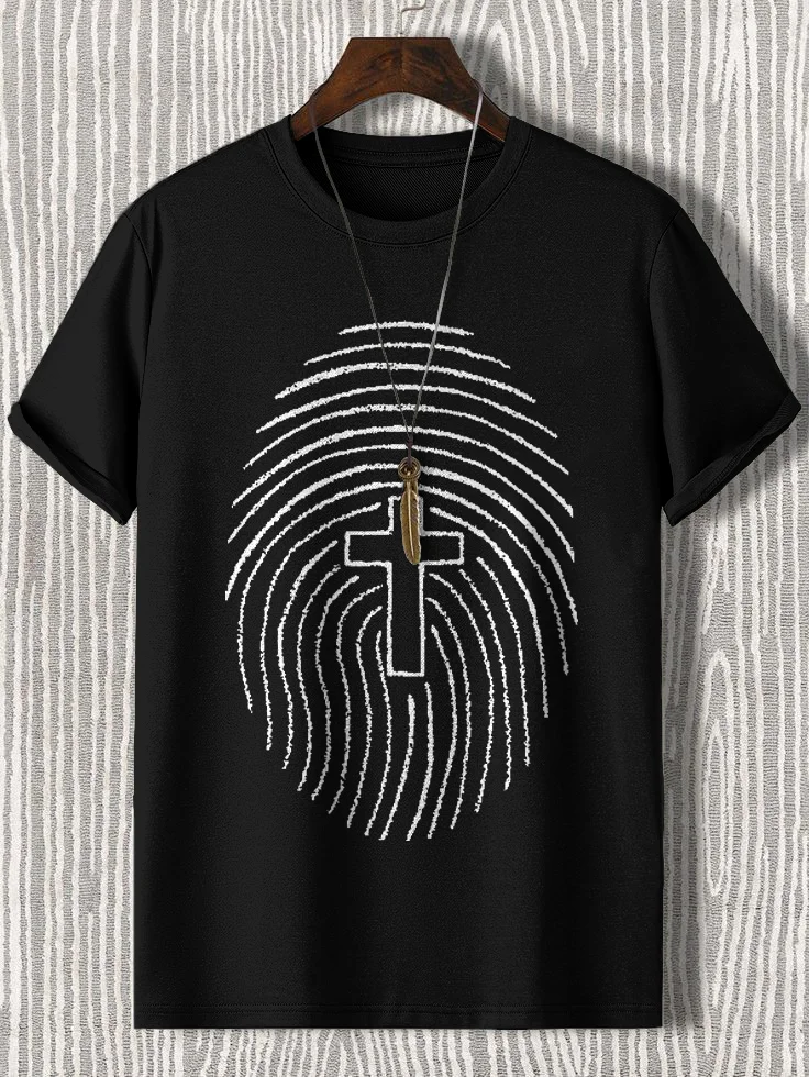Men's Fingerprint And Cross Print Cotton Casual T-Shirt