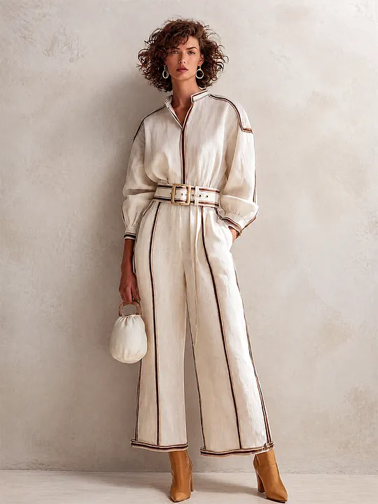 Women's Elegant Linen Contrast-Piping Stand-Collar Belted Long-Sleeve Shirt & Wide-Leg Trouser Set MD