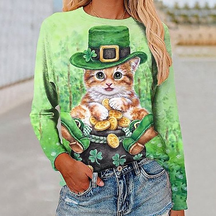 Comstylish Cartoon Cat Coin Print Crew Neck Long Sleeve T-Shirt