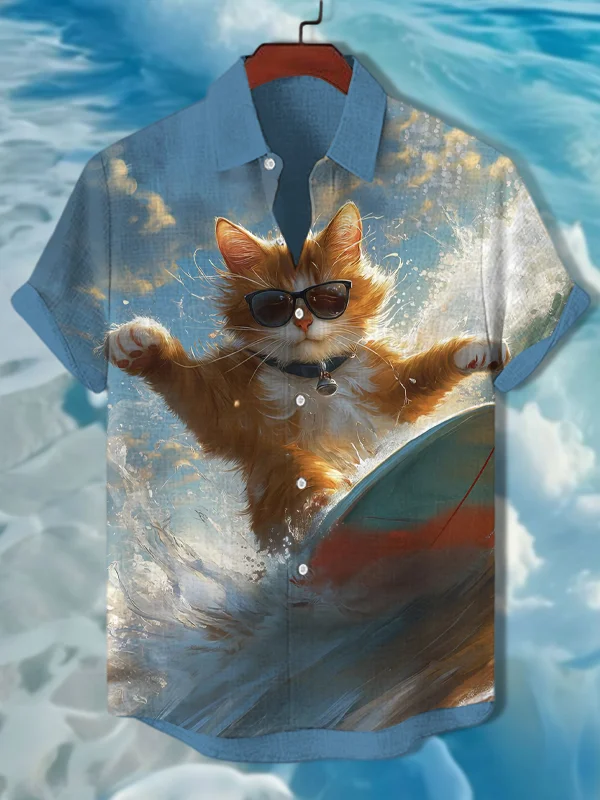 Men's Cat Surfing Vacation Art Print Casual Shirt