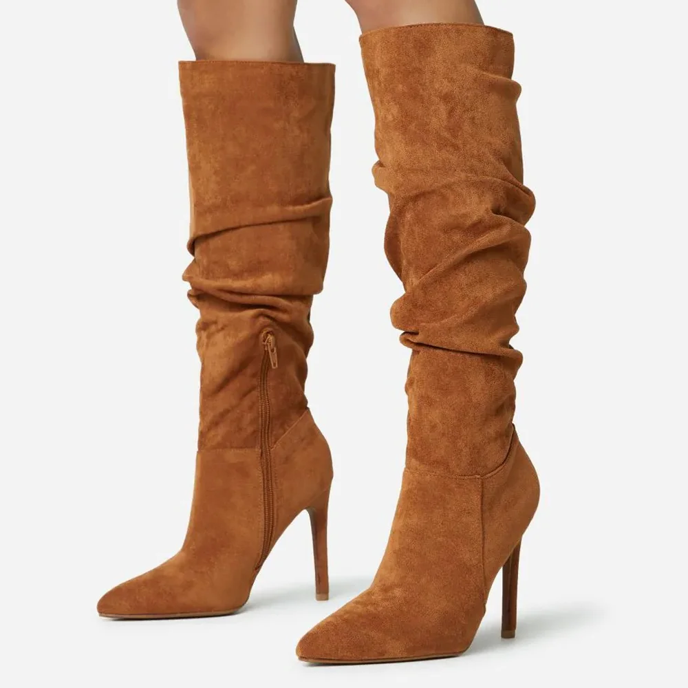 Brown Pointed Toe Suede Boots Stiletto Slouch Knee High Boots Nicepairs