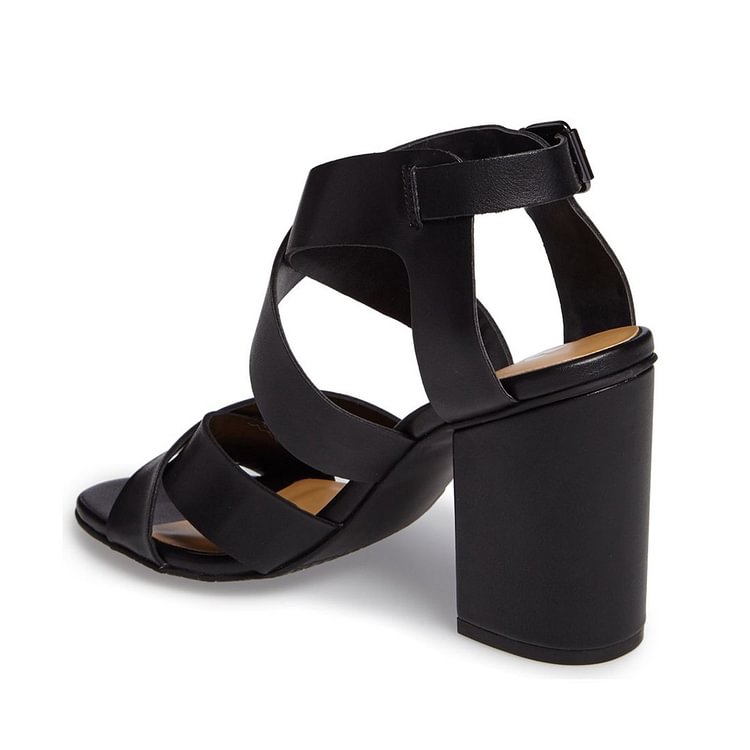 Black Block Heel Sandals Open Toe Cross-over Strap Summer Sandals |FSJ Shoes