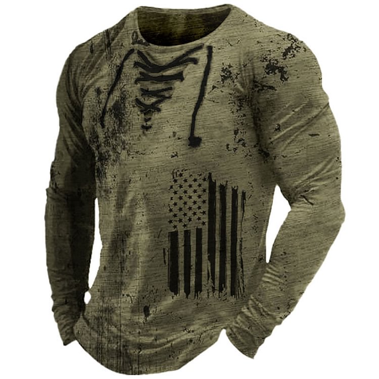 Mens Casual Flag Print Lace-Up Round Neck Long Sleeve T-Shirt