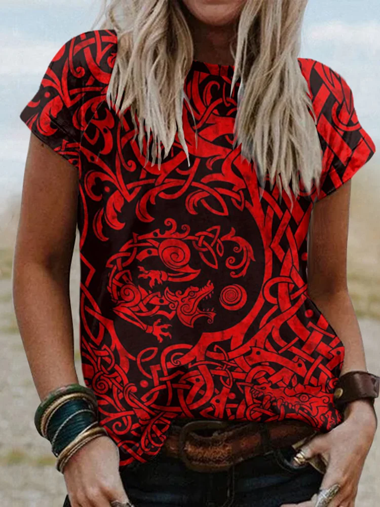 Viking Tree Of Life, Wolf Snake Dragon And Eagle Print T-Shirt
