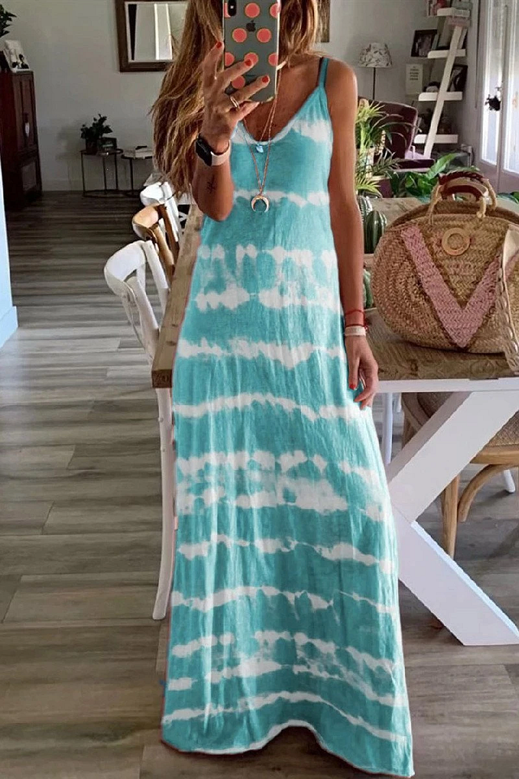 KarliDress V Neck Spaghetti Strap Tie Dye Casual Maxi Dress P12873