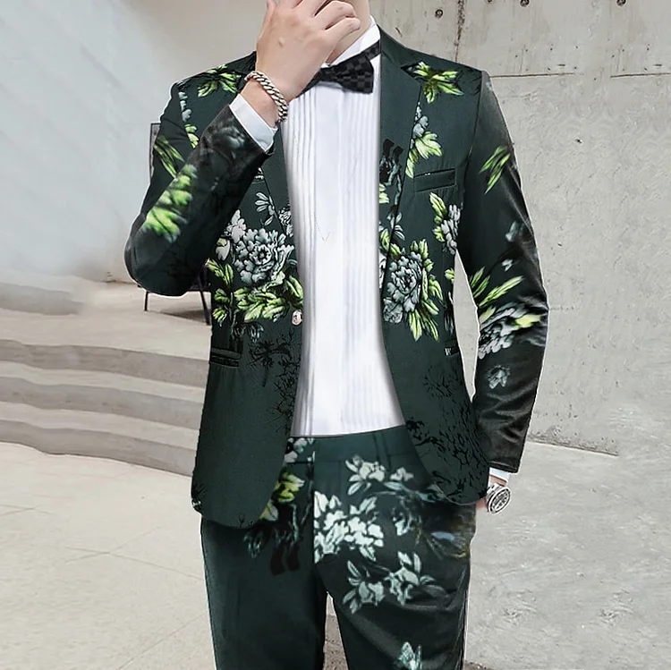 Men's Fashionable Floral Pattern Blazer & Pants 2 Pcs Set