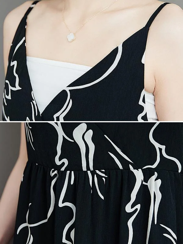 Fashion Printed V-Neck Suspender Dress