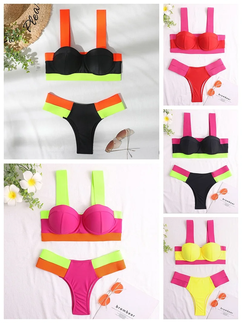 Ellolace Neon Swimwear Women Patchwork Bikini 2021 Swimsuit Women