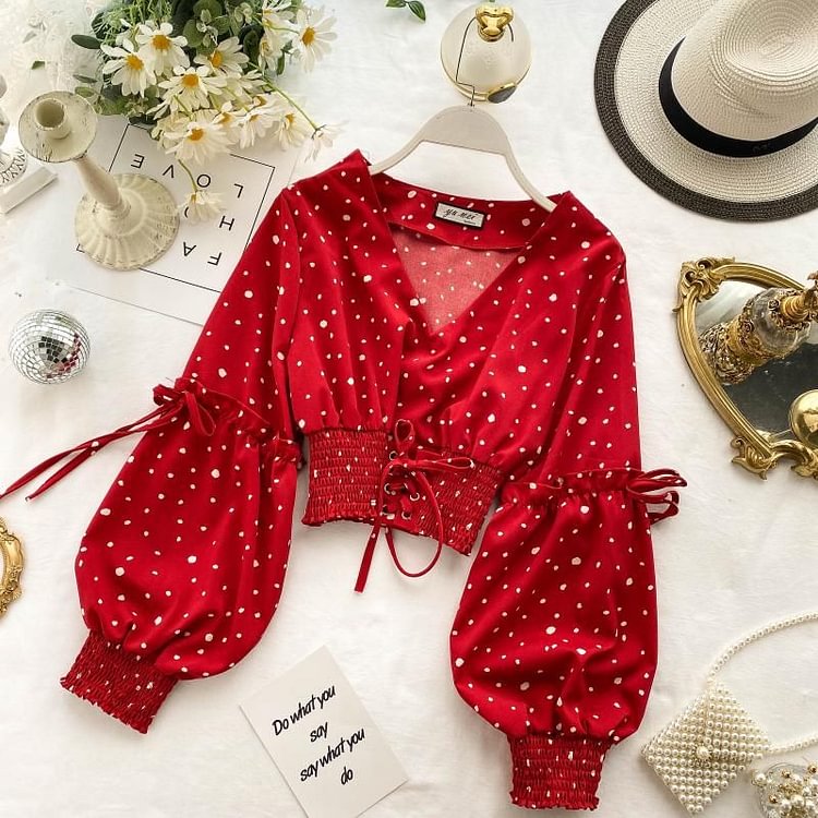 Cottagecore Fashion Balloon-Sleeve Dotted Cropped Blouse SP17181