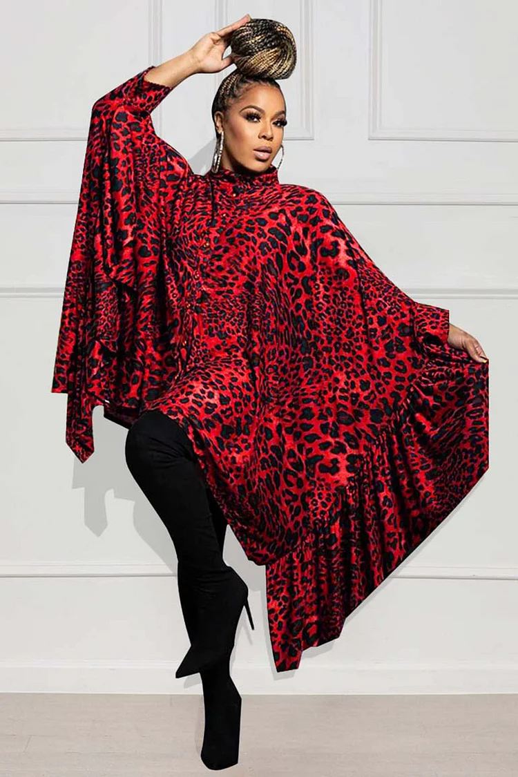 Leopard Print Stand Collar Caped Sleeve Long Top