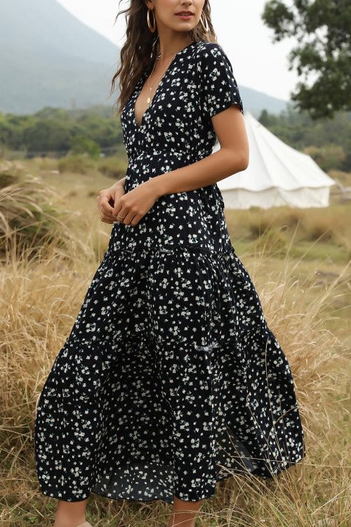 Boho V-neck Ruffled Floral Maxi Dress - Chicaggo