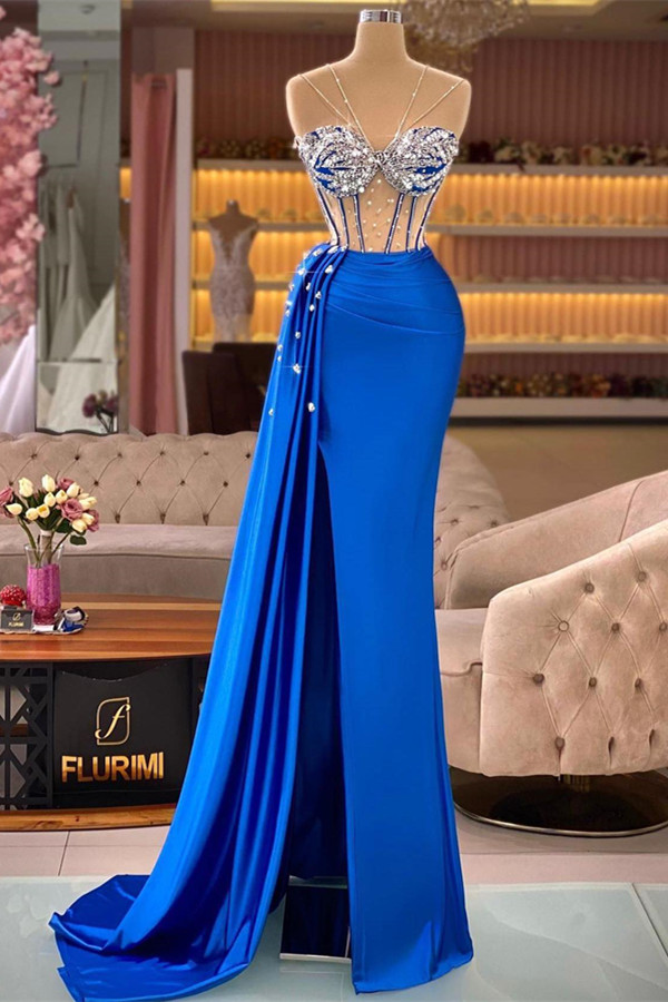 Dresseswow Royal Blue Mermaid Evening Dress Slit Long With Crystals