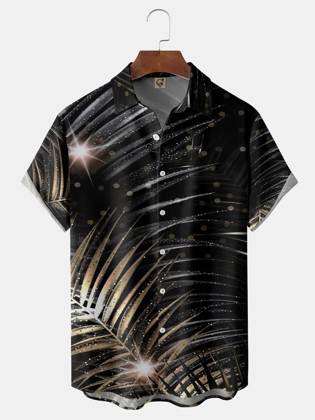 Palm Leaves Chest Pocket Short Sleeve Hawaiian Shirt