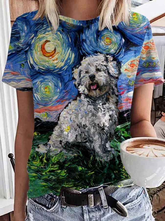 Van Gogh Puppy Moonlight Oil Painting Print Short Sleeve T-Shirt socialshop