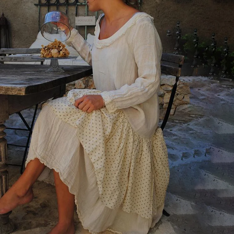 Vintage Wave Point Cotton Linen Round Neck Comfy Maxi Dress