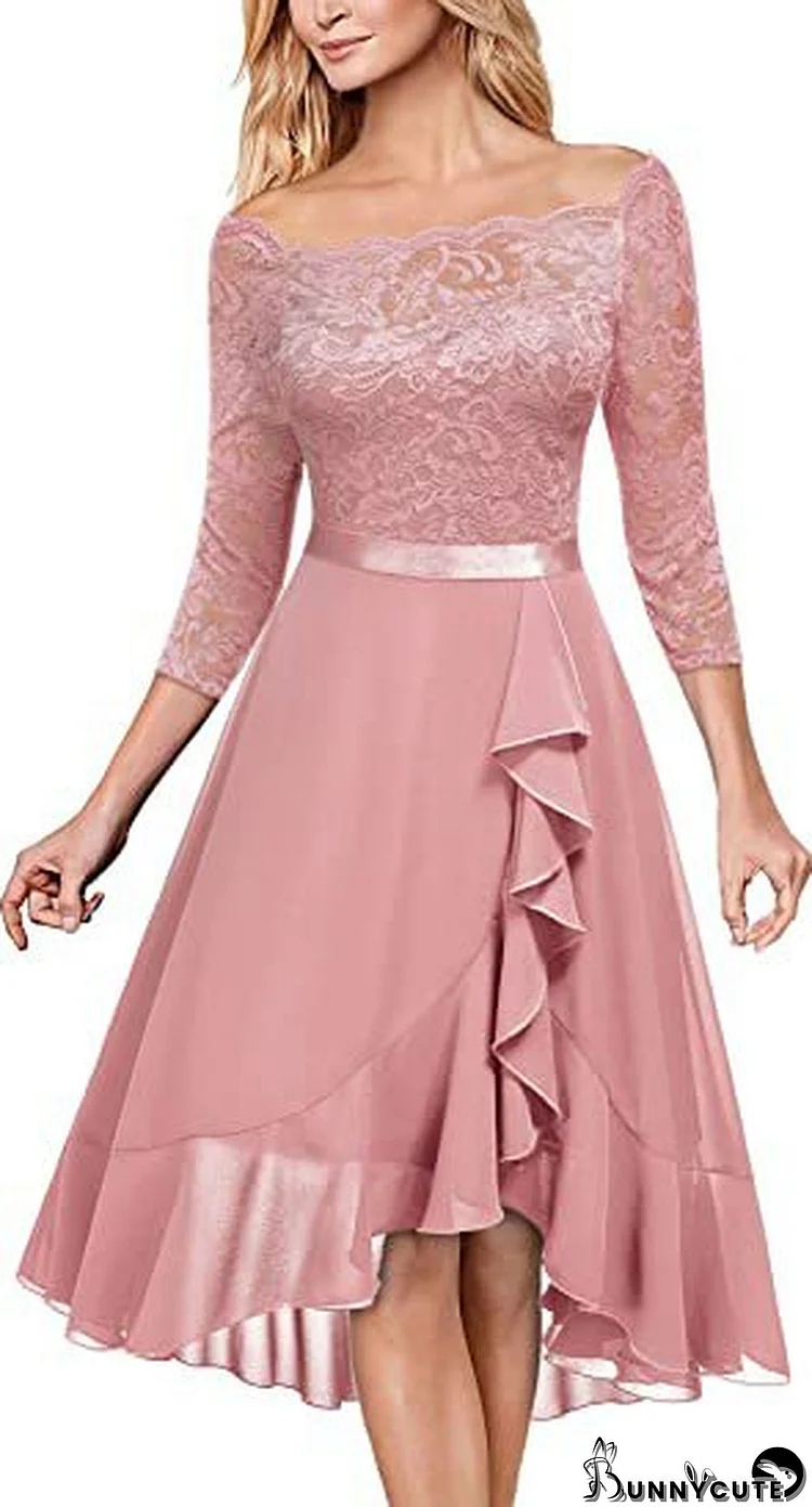 Women's Off Shoulder Half-Sleeve Sexy Lace Chiffon A-Line Dress
