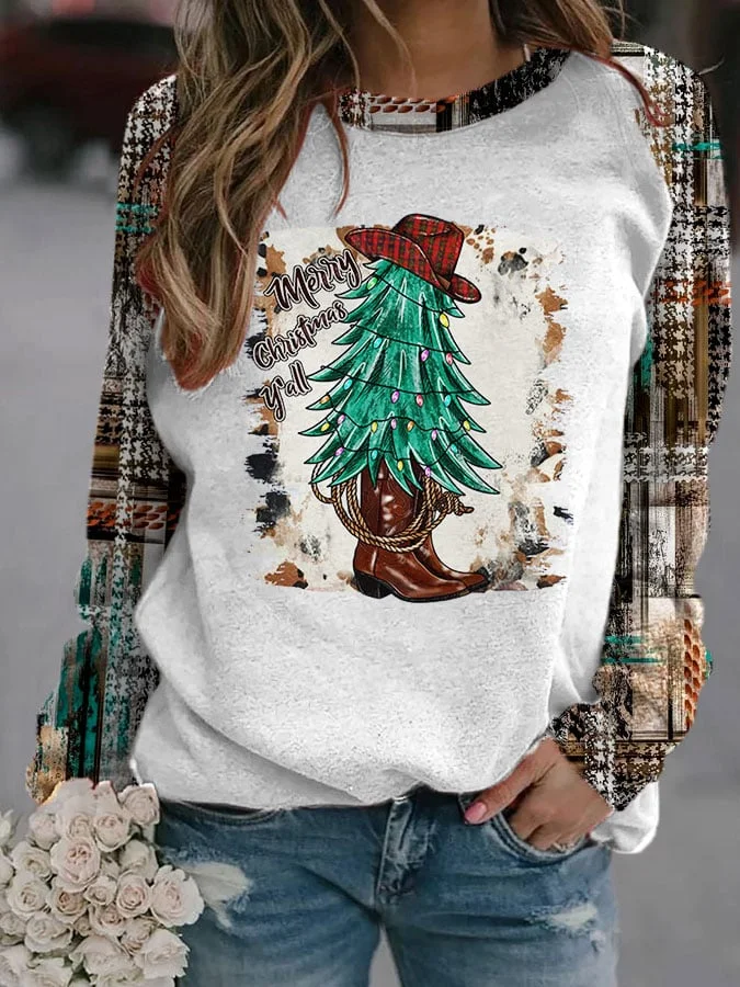 Women's Western Merry Christmas Trees Print Casual Sweatshirt