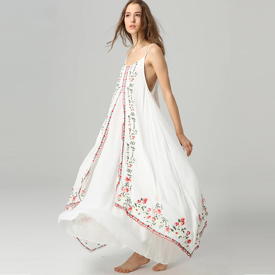 White maxi dress with embroidered palms