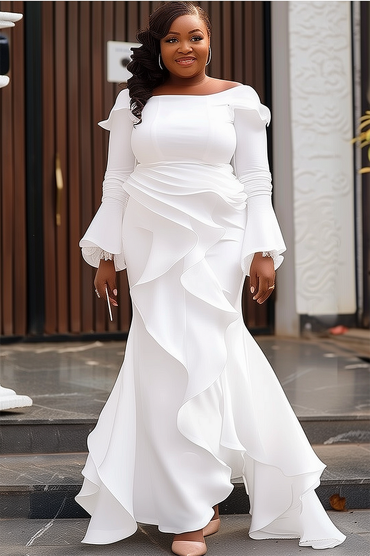 Xpluswear Design Plus Size Wedding White Off The Shoulder Flare Long Sleeve Asymmetric Hem Maxi Dresses [Pre-Order]
