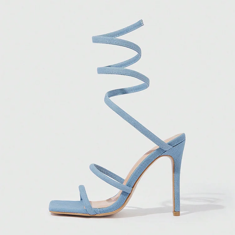 Blue Square Toe Wrapped Shoes Women'S Classic Stiletto Vegan Suede Heels Office Sandals |FSJ Shoes