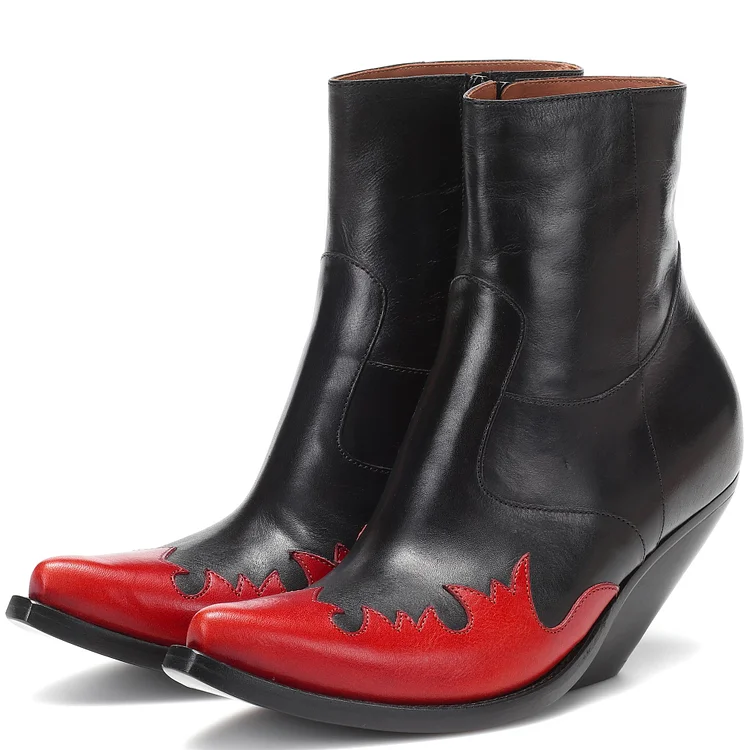 Black & Red Flame Booties Pointed Toe Wedge Western Ankle Boots |FSJ Shoes