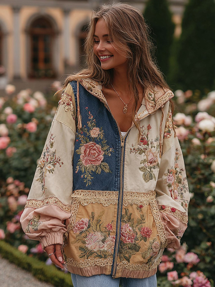 Women's Vintage Floral Patchwork Cozy Warm Zipper Hoodie