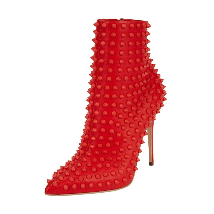 Women's Red Fashion Stiletto Heel Pointy Toe Ankle Boots with Rivets |FSJ Shoes